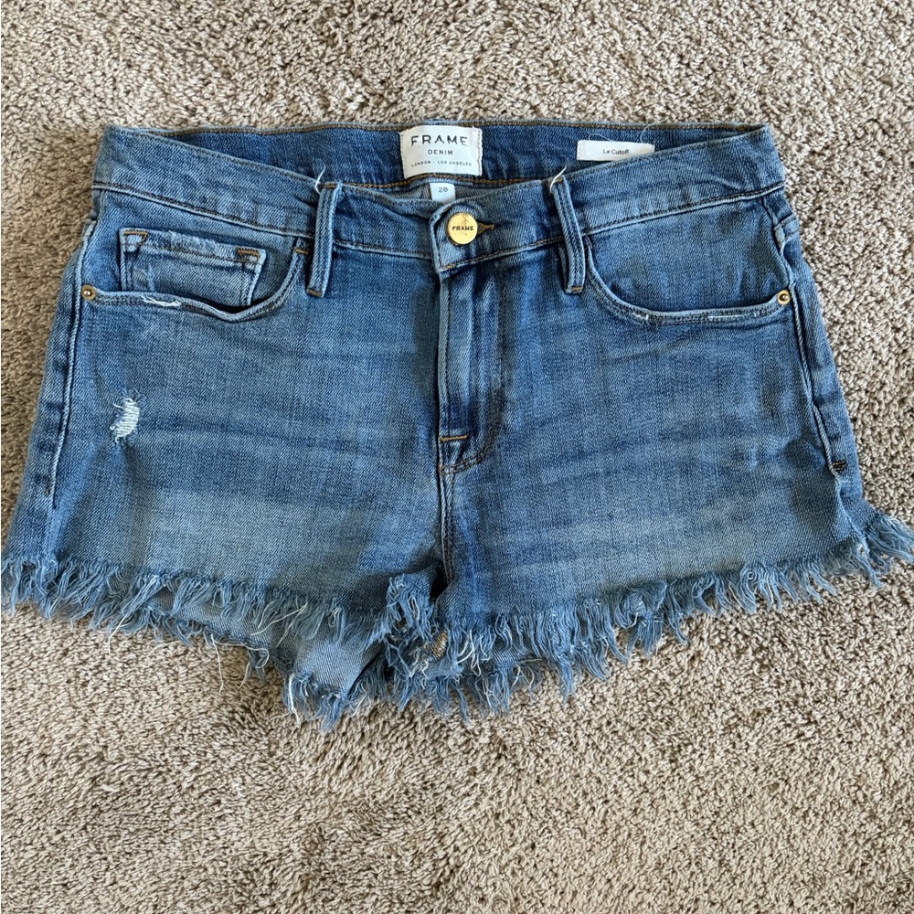 Frame Denim Distressed Light Blue Frayed-Hem Jean Shorts